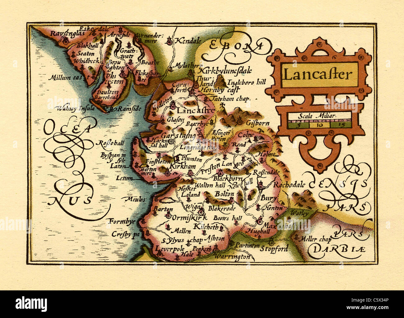 Lancashire (Lancaster) - ancienne carte du comté anglais par John Speed, vers 1625 Banque D'Images