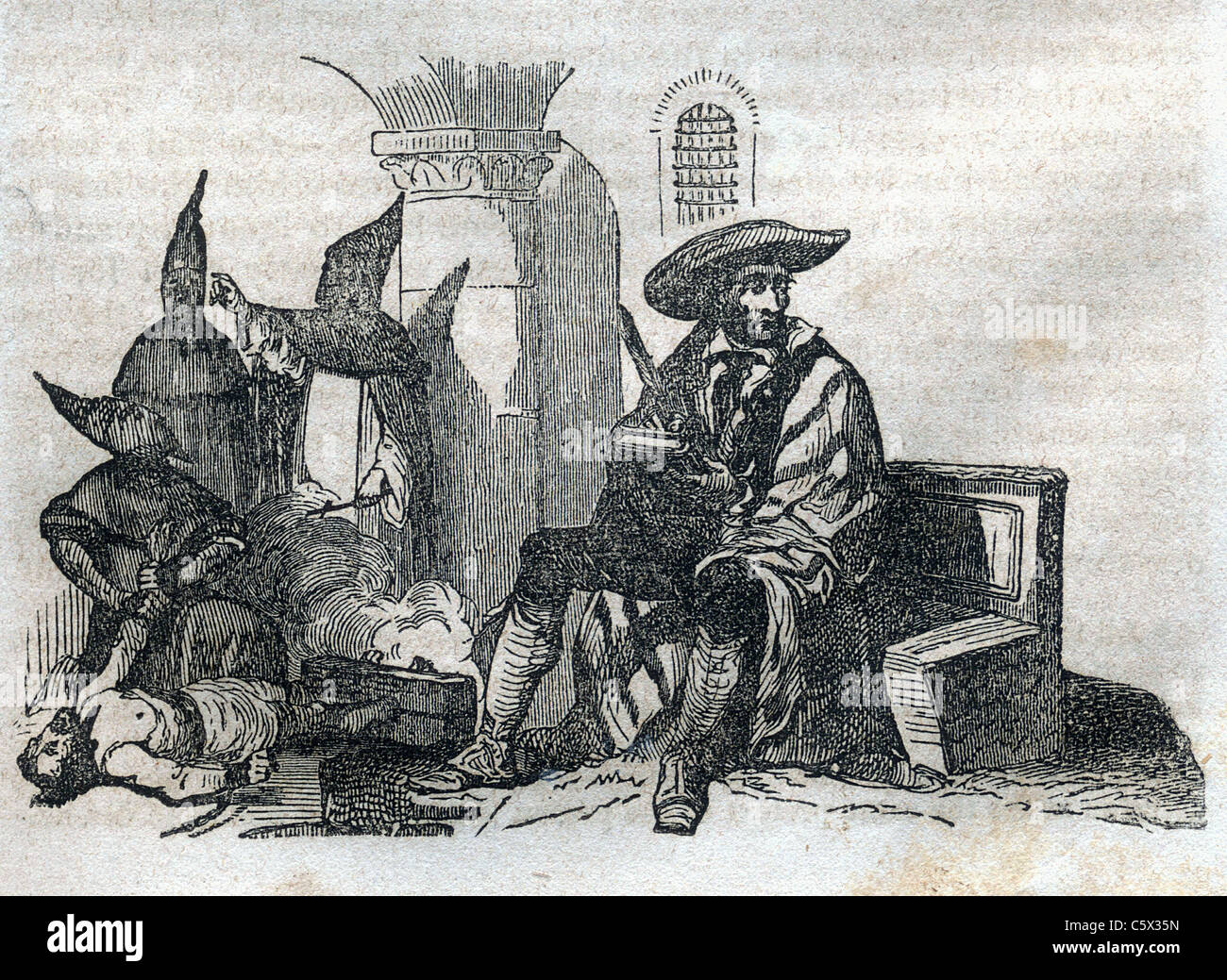Procès par combustion et incendie : Woodcut image à partir de livre ancien, Mystères de l'Inquisition, 1845 Banque D'Images