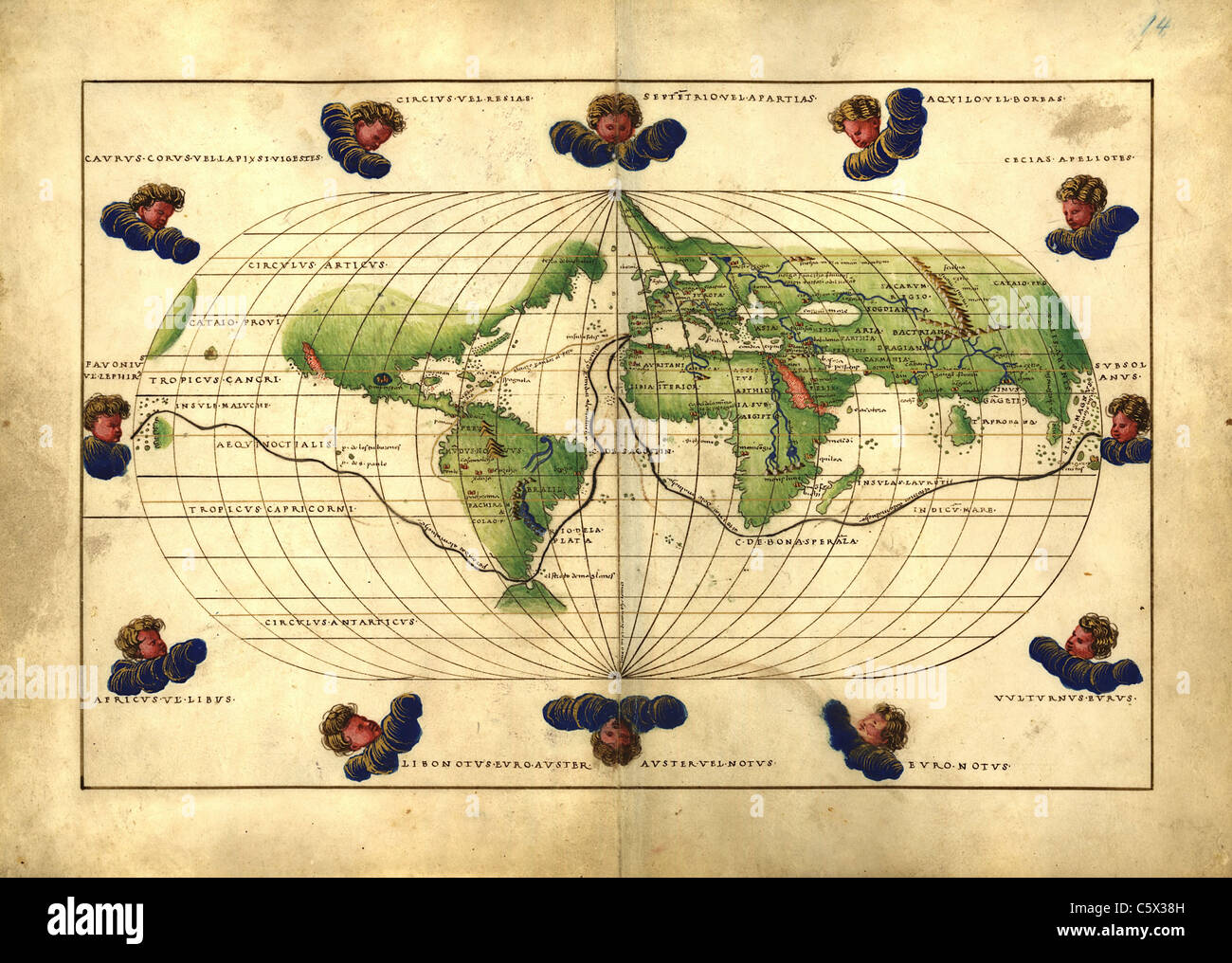 Carte du monde avec des chefs du vent - Antiquarian Site ou Portolan Portolan Tableau du 16ème siècle Atlas Banque D'Images