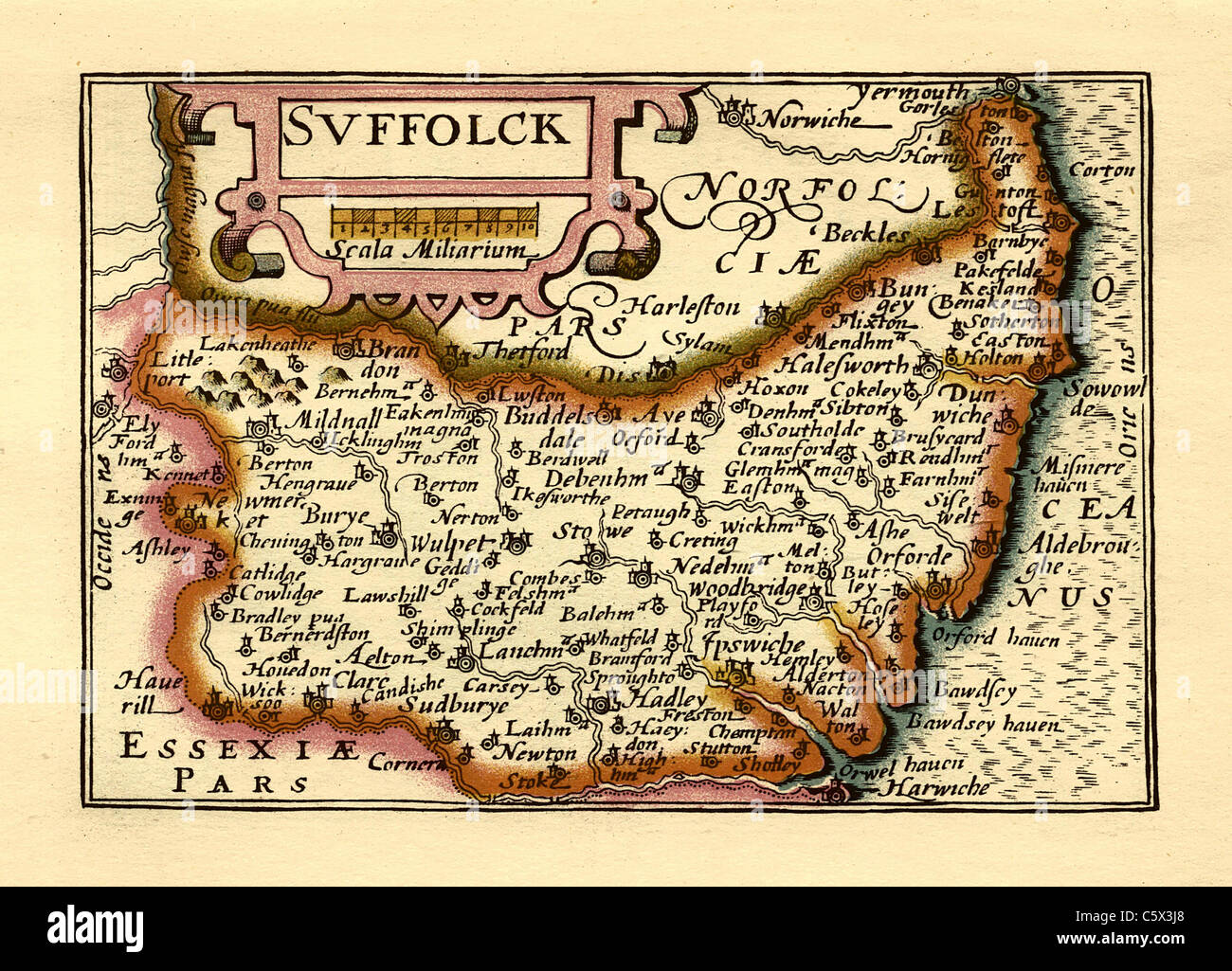 Suffolk (Suffolck) - ancienne carte du comté anglais par John Speed, vers 1625 Banque D'Images
