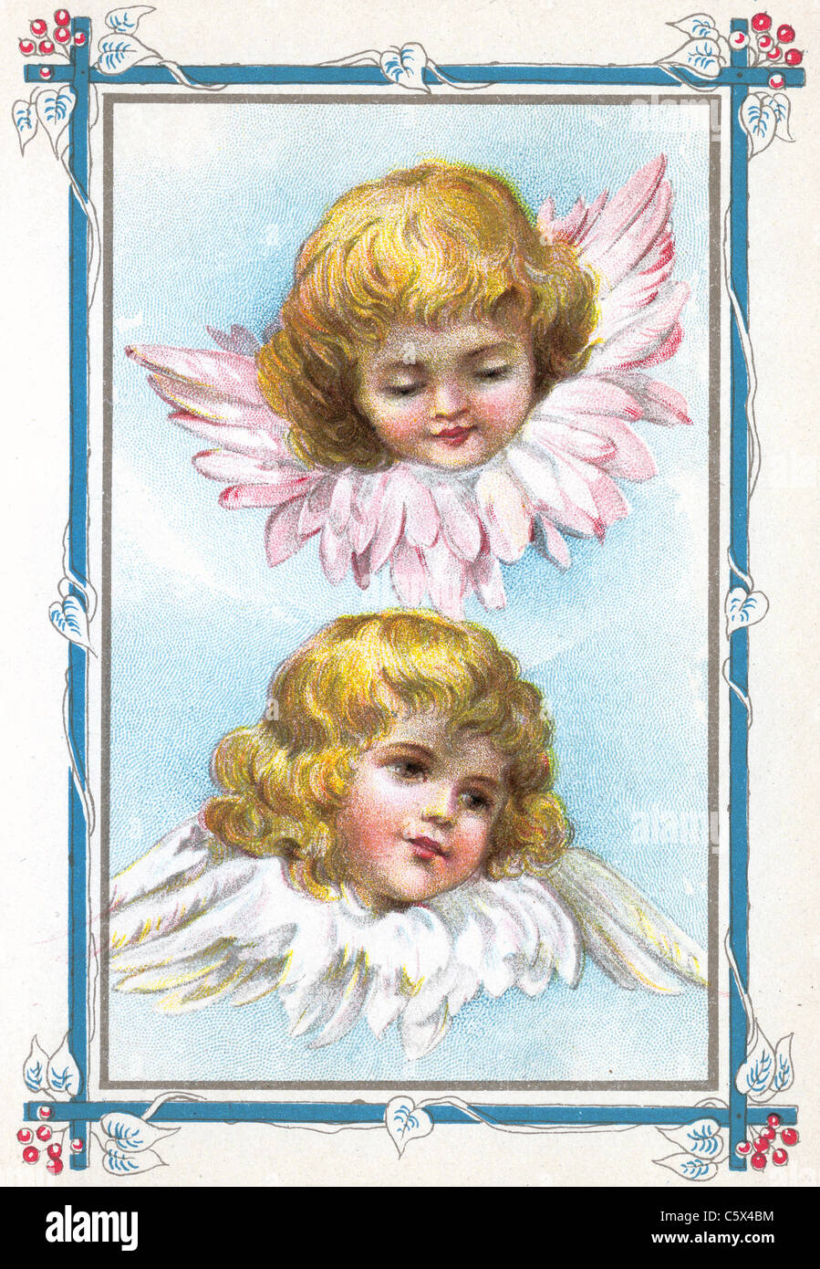 Deux têtes ou Ange Chérubin entouré de plumes dans une jolie bordure bleue décorative - un 19e siècle Illustration de livre Banque D'Images