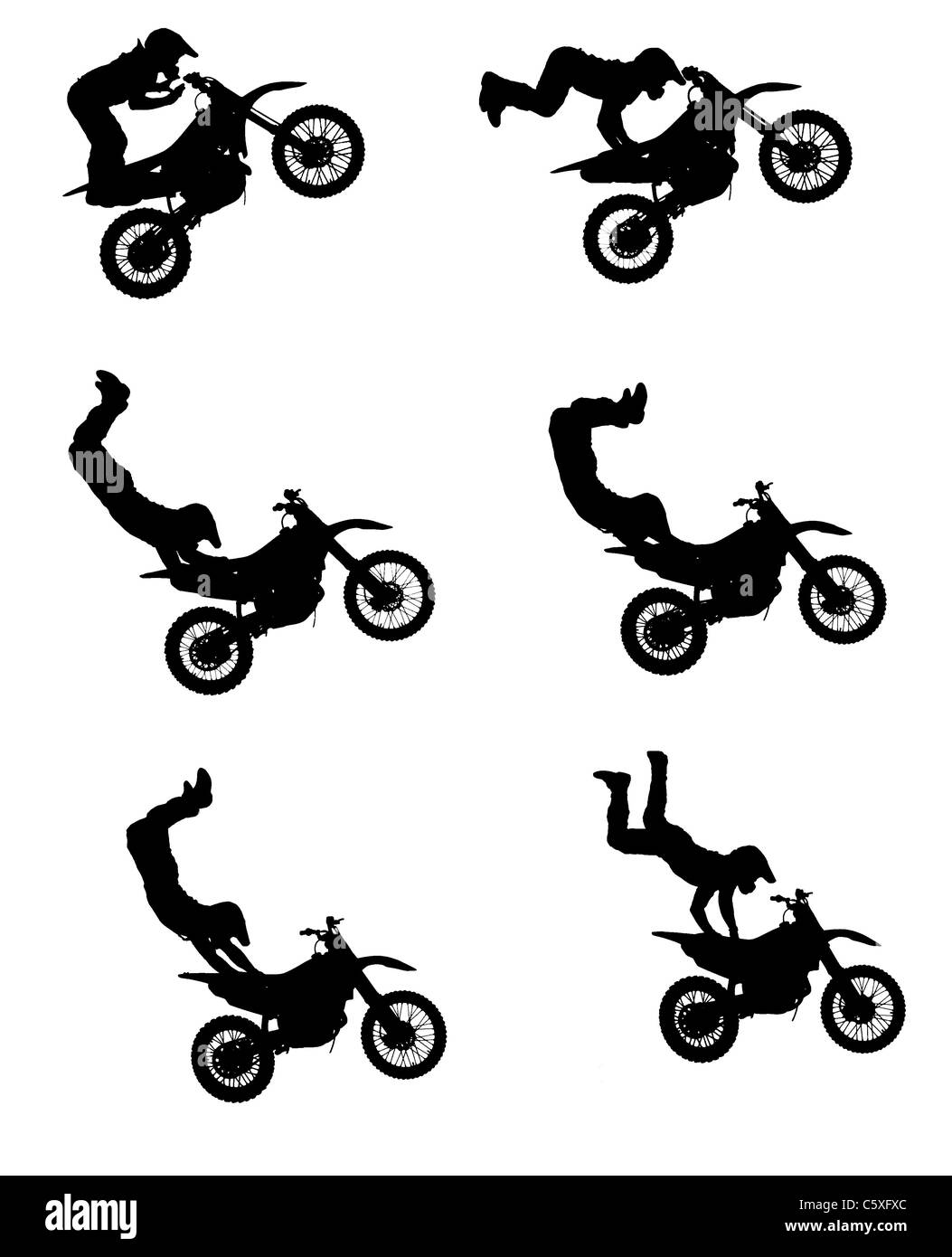 Silhouettes d'un freestyle motocross rider lors d'un stunt jump. Ces silhouettes sont faits à partir de différentes photos d'une cascade. Banque D'Images