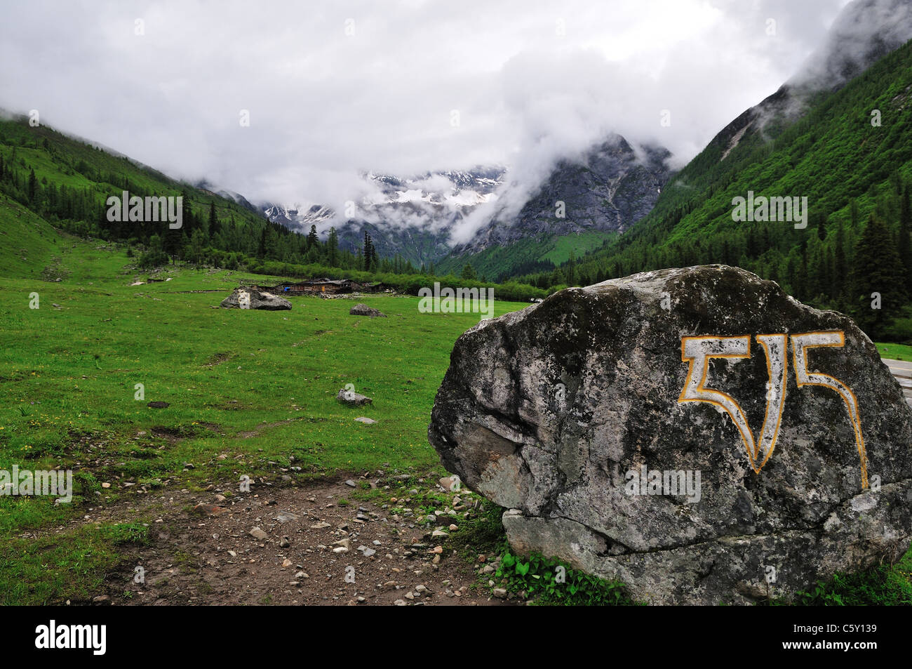 Prière tibétaine sculptés sur pierre. Réserve Naturelle de Siguniang Shan, Sichuan, Chine. Banque D'Images