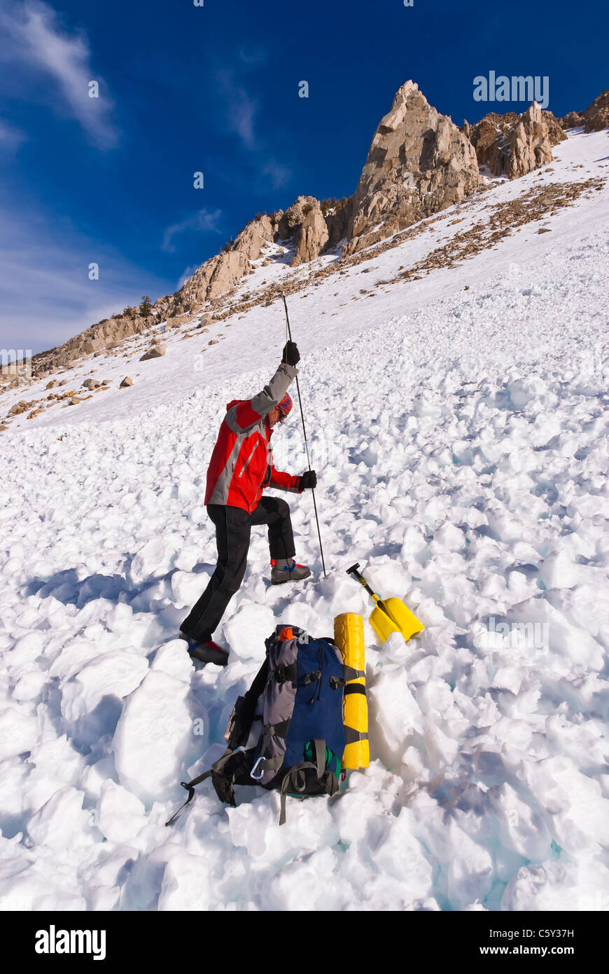 Skieur d'arrière-pays à l'aide d'avalanches, Inyo National Forest, la Sierra Nevada, en Californie Banque D'Images