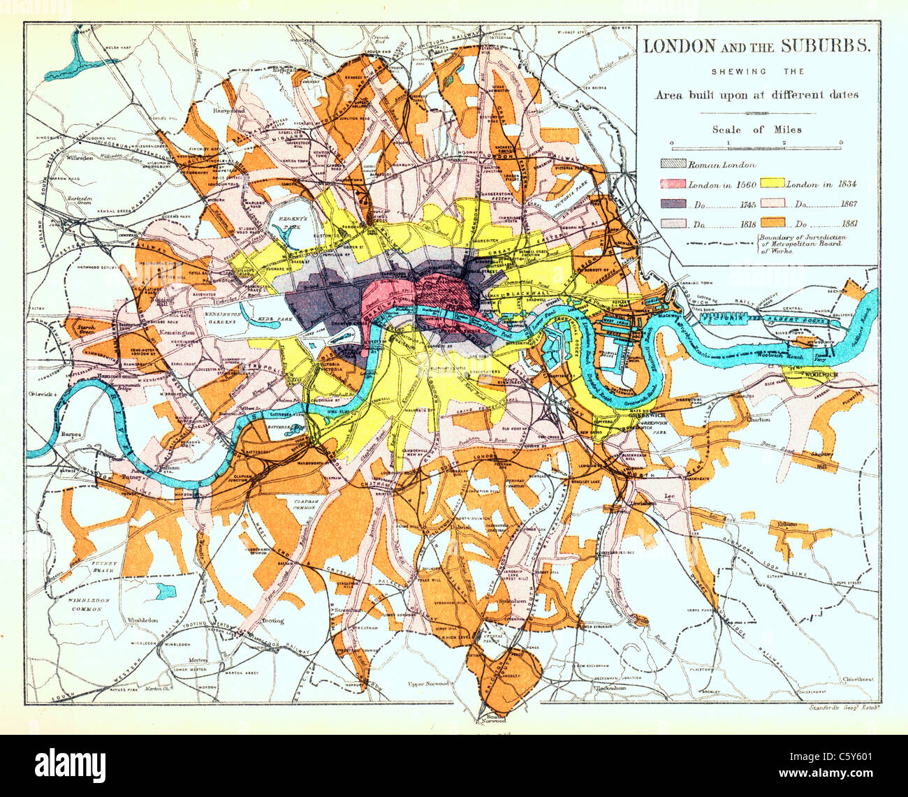 La carte de London et les banlieues, vers 1880, avec des zones de couleur indiquant l'accroissement de la ville de l'époque romaine pour les années 1880 Banque D'Images