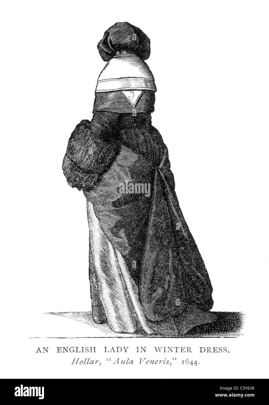 Une dame anglaise en robe d'hiver de 'Aula Veneris" par Venceslas Hollar, 1644 ; noir et blanc Illustration ; Banque D'Images