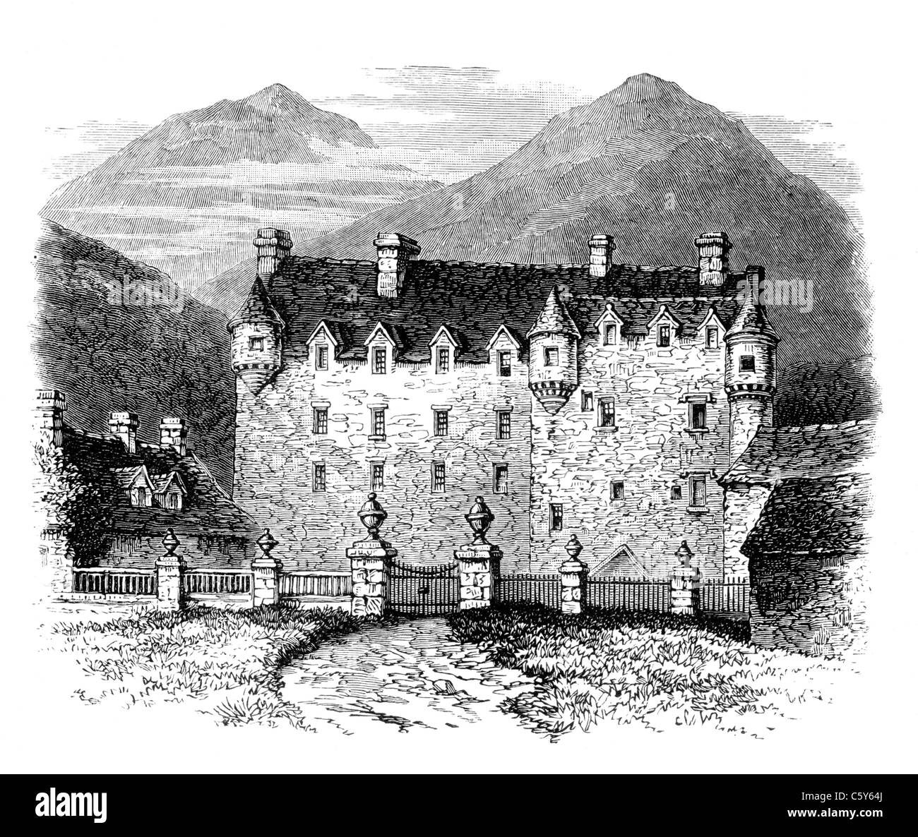 Château Traquair, Peebles, construit vers 1635 ; noir et blanc Illustration ; Banque D'Images