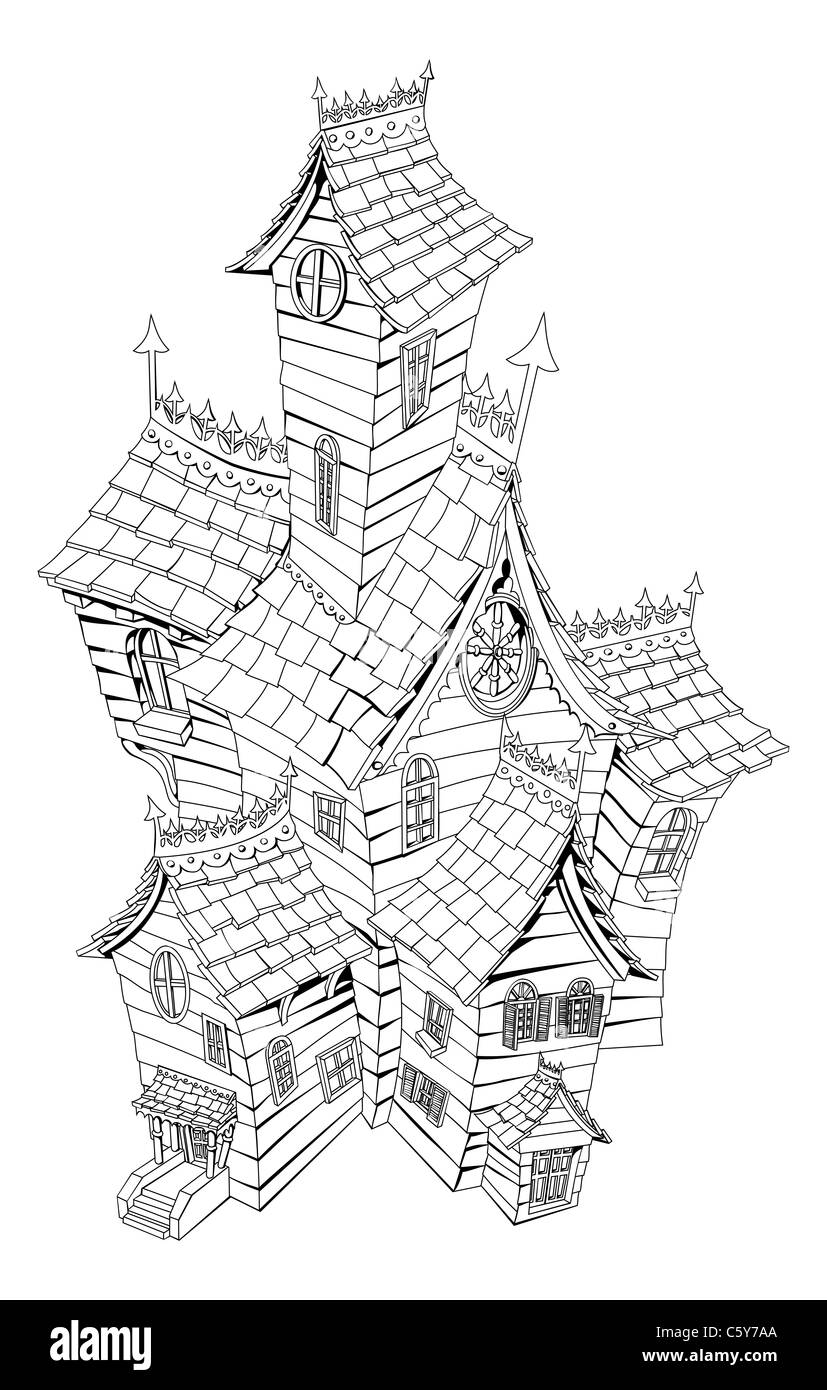Illustration noir et blanc d'une maison fantôme hanté Banque D'Images