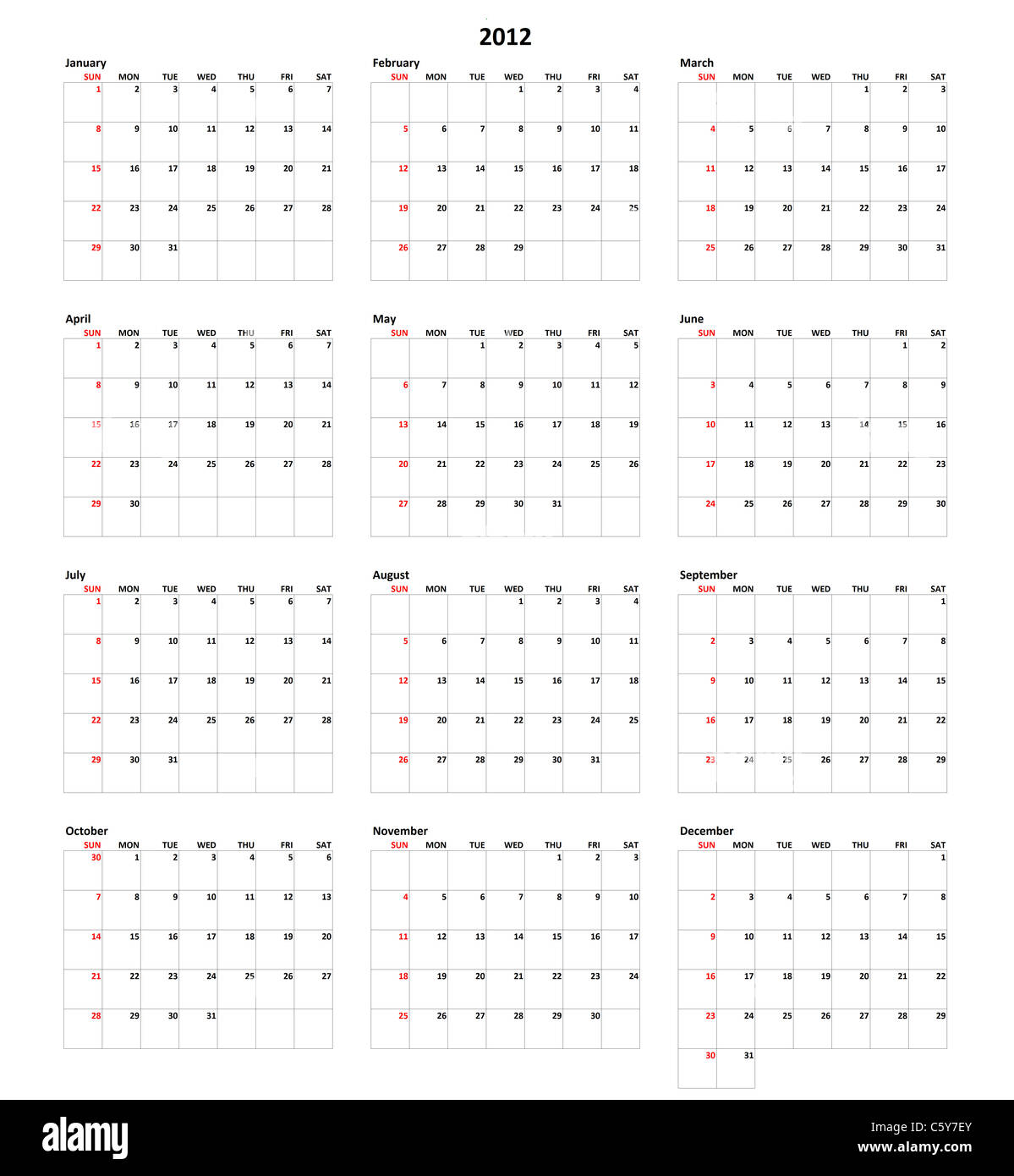 Simple calendrier pour l'année 2012 Banque D'Images