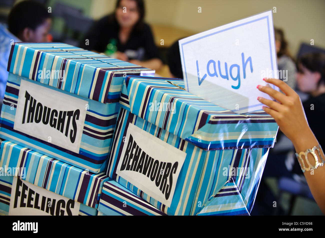 Rire disant carte mis en cases étiquetées comportements pensées sentiments dans une salle de classe Banque D'Images