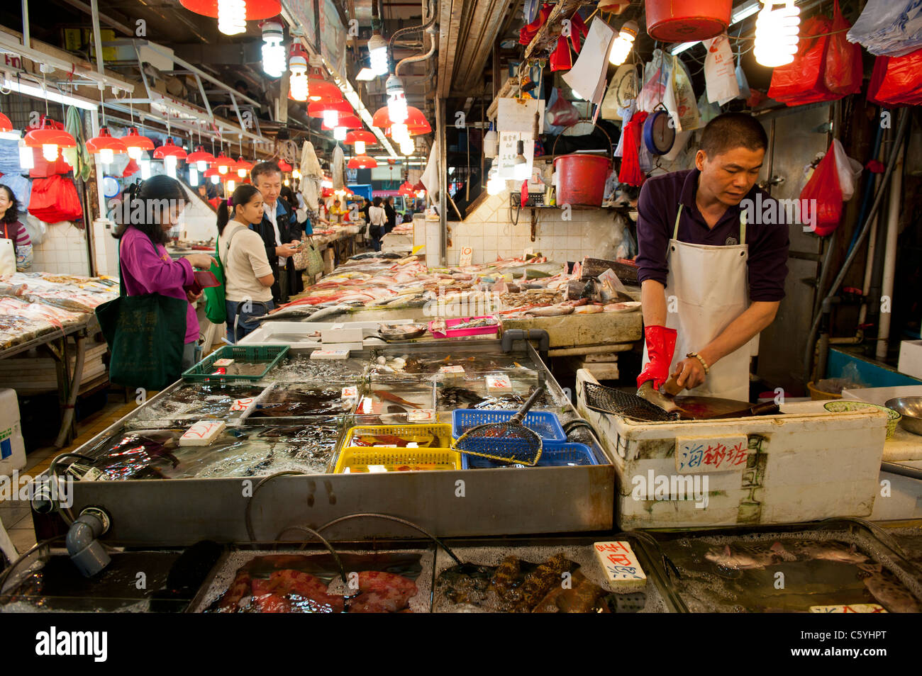 Des marchands de poisson les étals de marché dans la région de Tung Choi Street Mong Kok, Kowloon, Hong Kong Banque D'Images