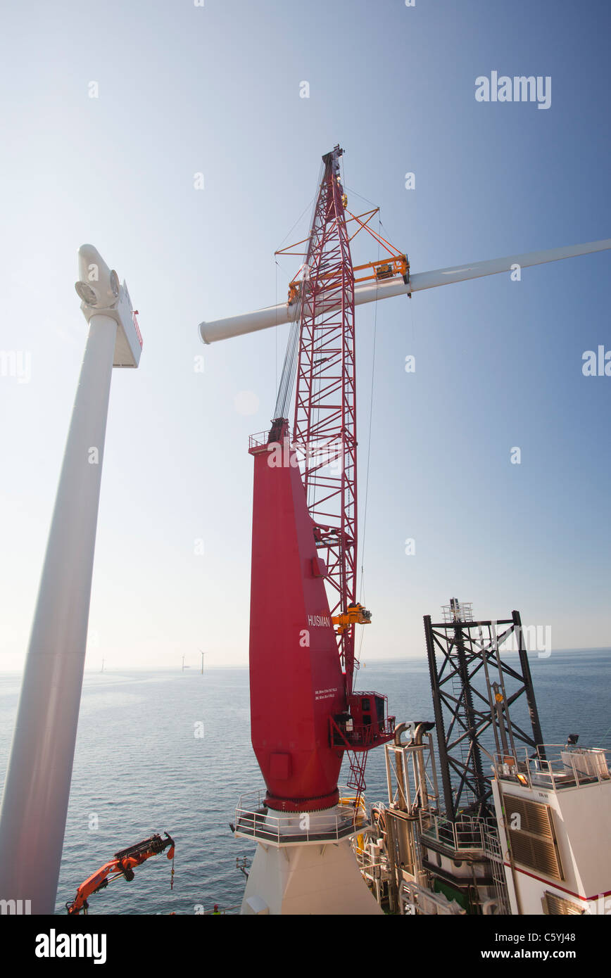 Le cric l'barge, Kraken, montage d'une pale de turbine d'une éolienne sur l'éolien offshore Walney, Cumbria, UK. Banque D'Images