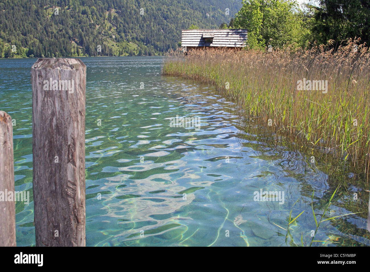 Lac Weissensee, Carinthie (Kärnten), l'Autriche. Vue depuis la jetée de Paterzipf. Banque D'Images