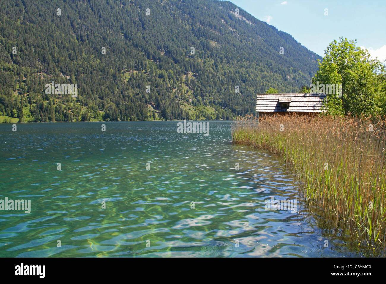 Lac Weissensee, Carinthie (Kärnten), l'Autriche. Vue depuis la jetée de Paterzipf. Banque D'Images