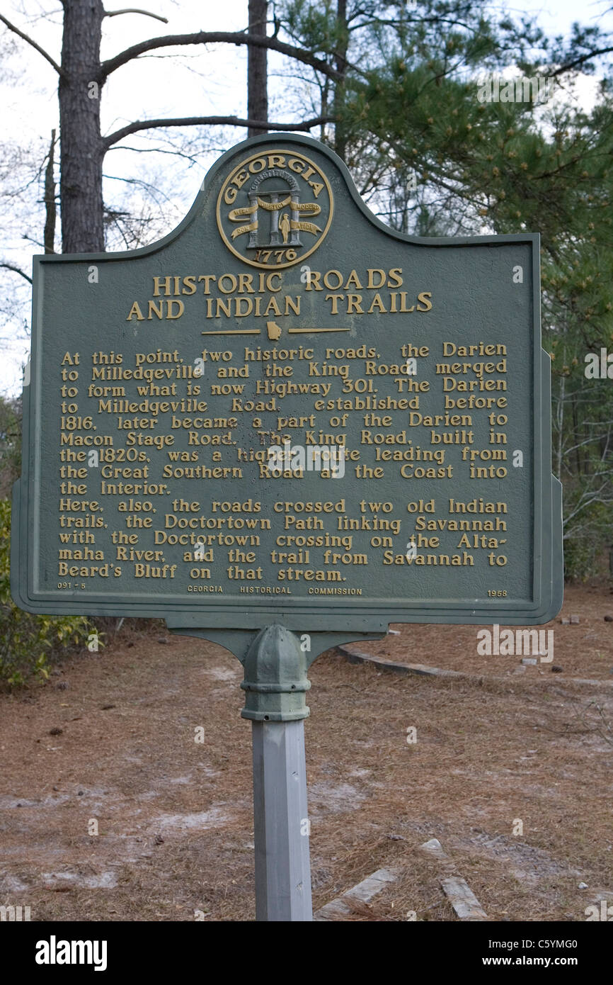 Routes et sentiers historiques indiens. Les routes historiques, Darien à Milledgeville et King Road, ont fusionné pour former ce qui est maintenant l'autoroute 301. Banque D'Images