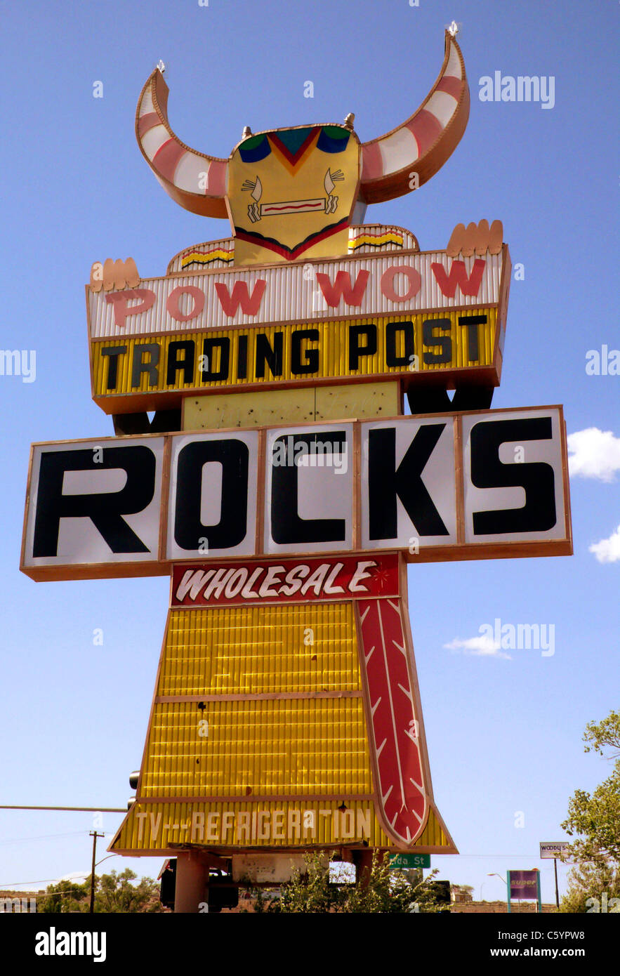 Rock trading signe sur l'historique Route 66 en Arizona, USA. Banque D'Images