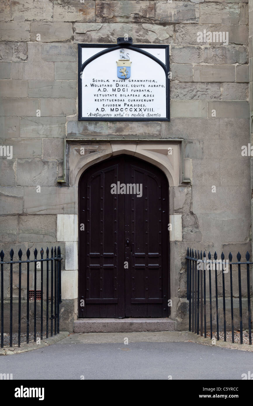 Dixie Grammar School, B-6742, Leicestershire, fondée 1828, plaque de porte et Banque D'Images