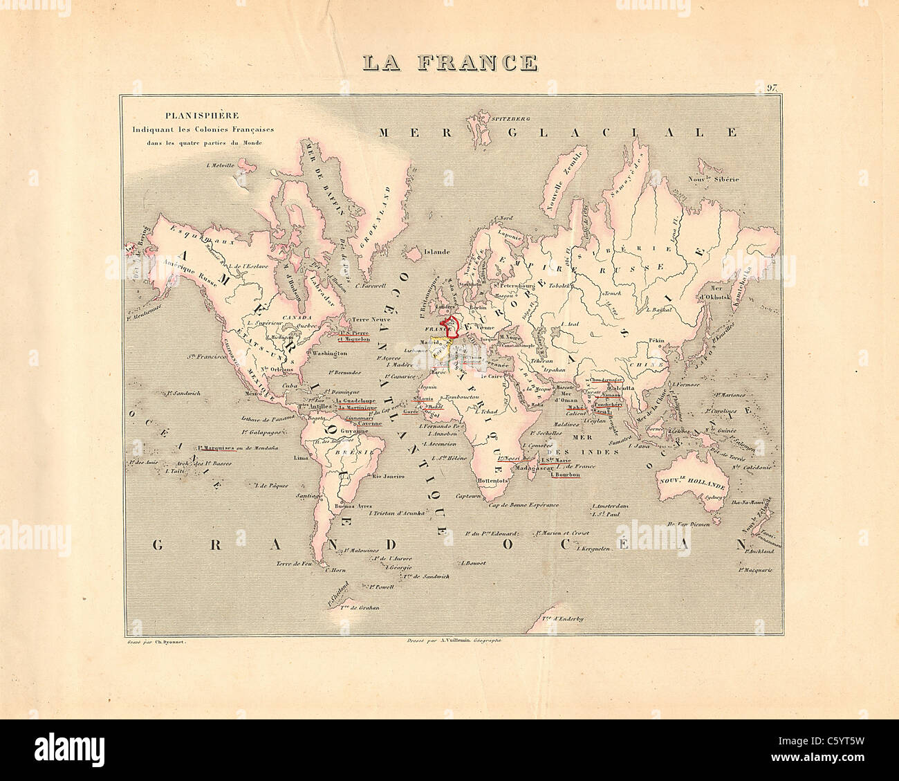 Planisphère - Monde - Antiquarian Site à partir d'un Atlas Français 1858 "La France et ses colonies" (La France et ses colonies ) par Alexandre Vuillemin Banque D'Images