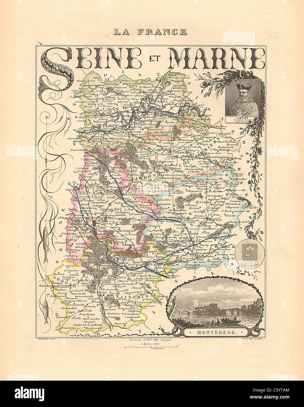 Seine et Marne - Antiquarian Site à partir d'un Atlas Français 1858 "La France et ses colonies" (La France et ses colonies ) par Alexandre Vuillemin Banque D'Images