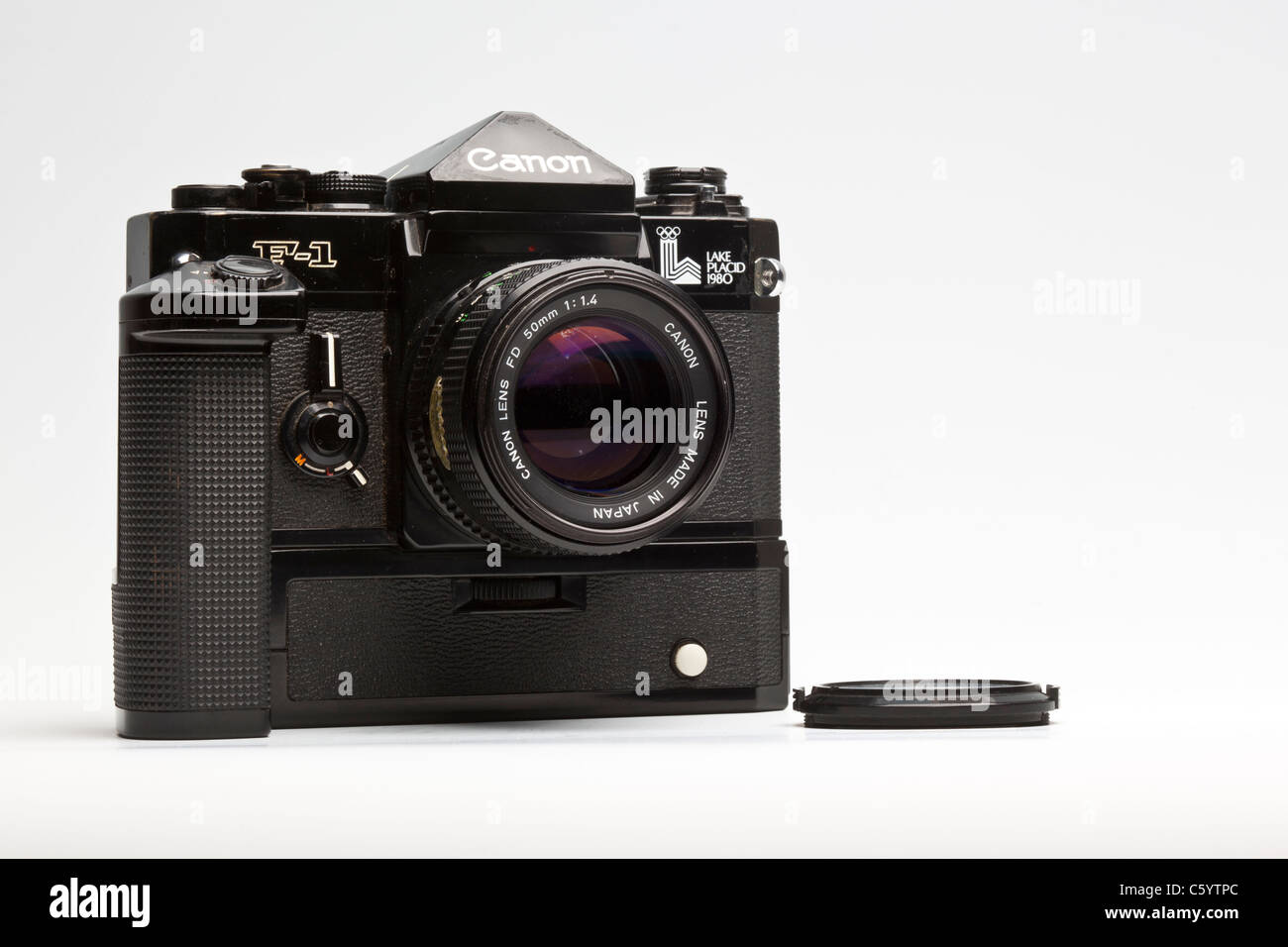 Utilisé Canon F1 caméra 35 mm à l'usage à l'occasion des Jeux Olympiques d'hiver de Lake Placid en 1980 Banque D'Images