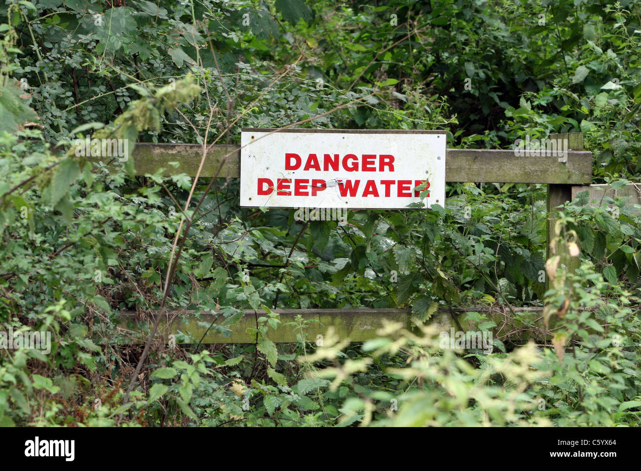 Danger de l'eau profonde panneau d'avertissement en été sous-bois sur un chemin en bois, calvados wilton, Wiltshire uk. Banque D'Images