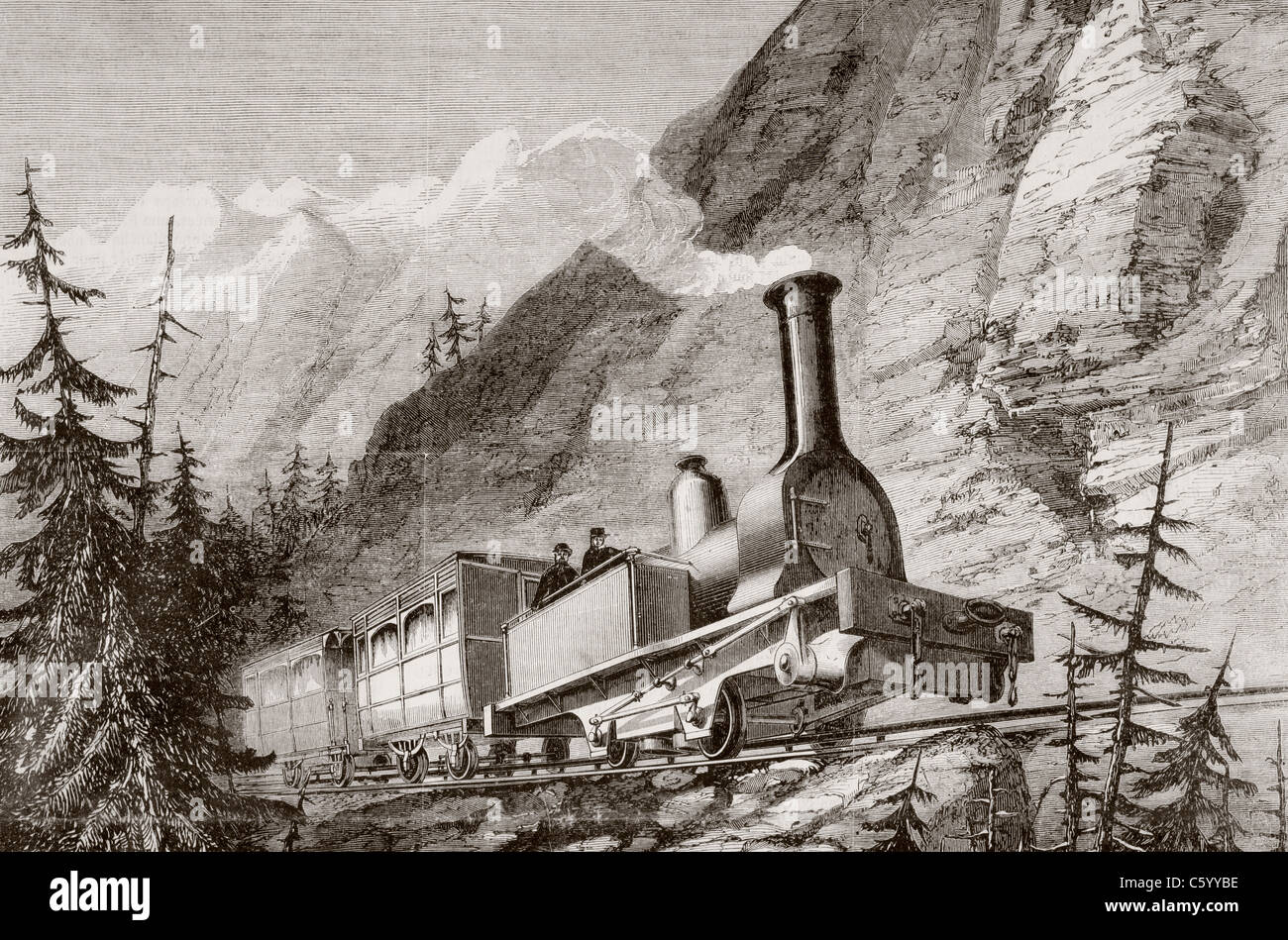 Train à vapeur utilisés sur le Mont-Cenis, France, fer durant les années 1860. Banque D'Images