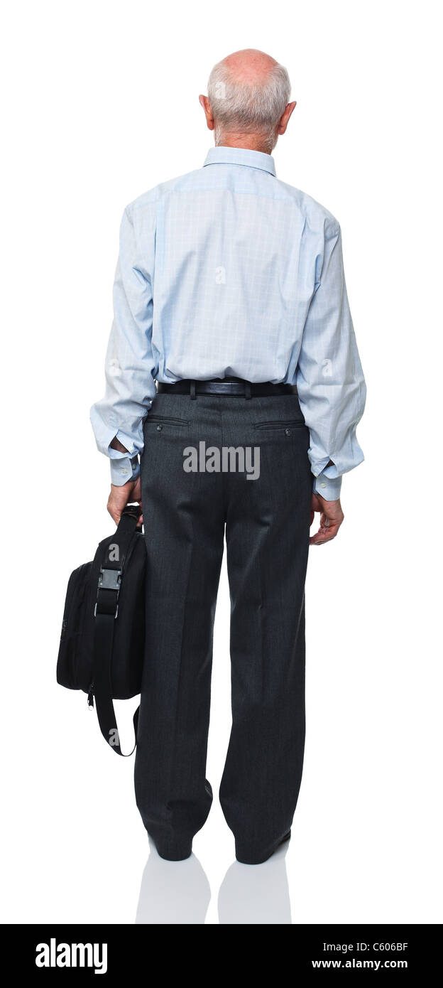 Vieil homme avec un sac d'ordinateur portable sur blanc Banque D'Images