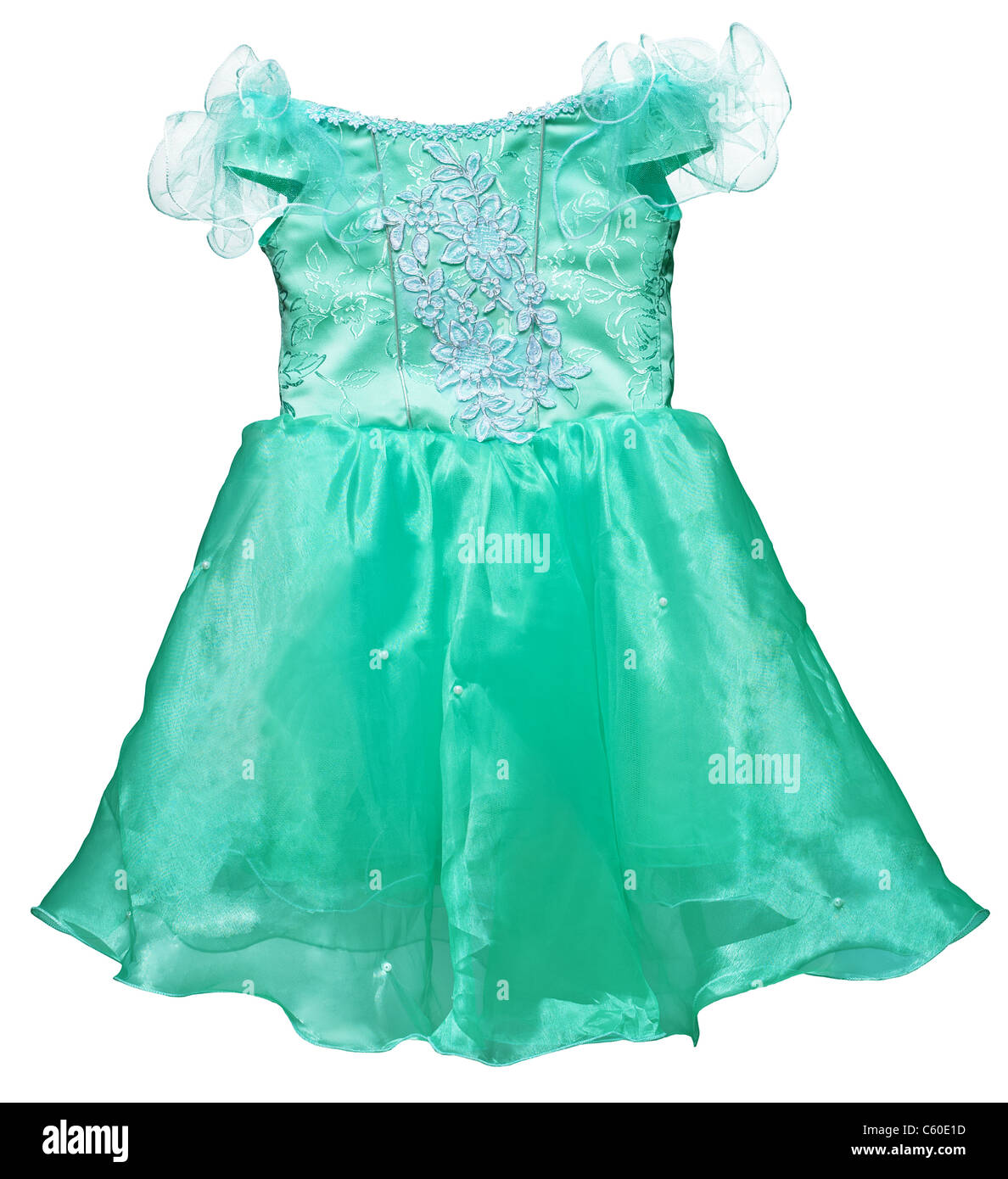 Une simple robe verte pour petite fille isolée sur fond blanc Banque D'Images