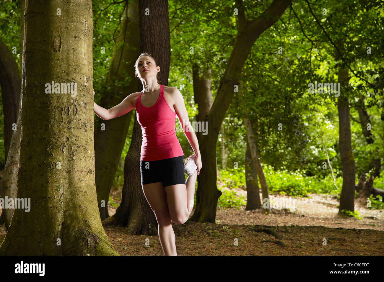 Jogger stretching in forest Banque D'Images