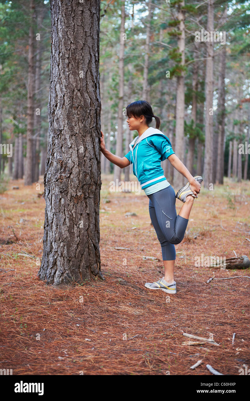 Runner stretching in forest Banque D'Images Runner stretching in forest Banque D'Images