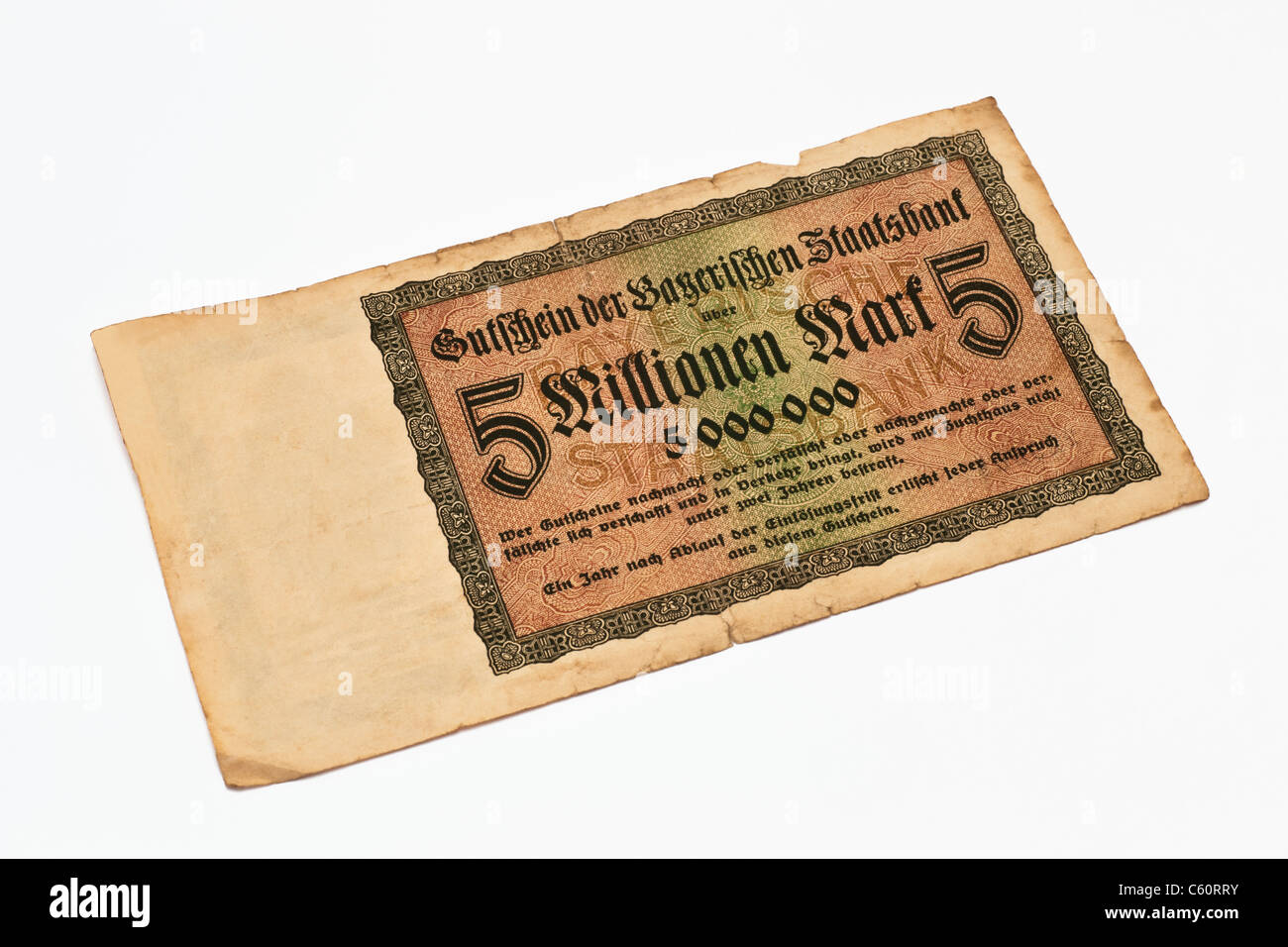 Photo détail d'une ancienne loi allemande de 1923 sur le montant de cinq millions de reichsmark, coupon de la banque national de Bavière Banque D'Images