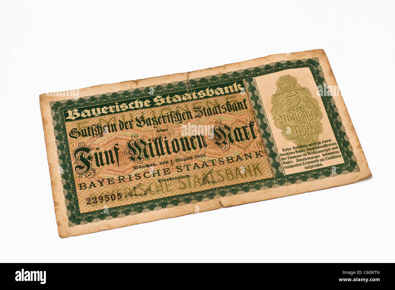 Photo détail d'une ancienne loi allemande de 1923 sur le montant de cinq millions de reichsmark, coupon de la banque national de Bavière Banque D'Images