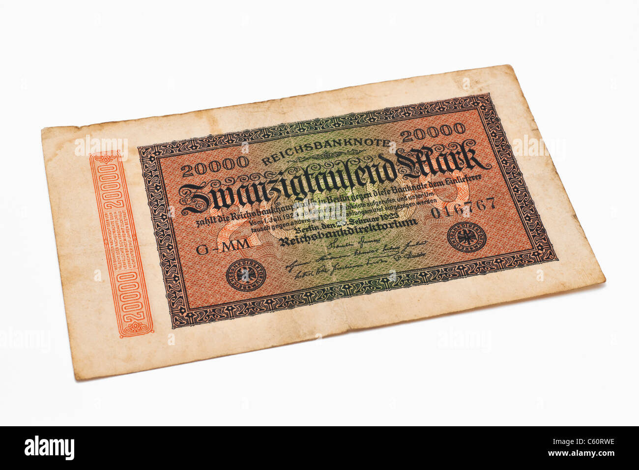 Détail de la photo d'une ancienne loi allemande du 20 février 1923 au sujet de la quantité de vingt mille reichsmarks Banque D'Images