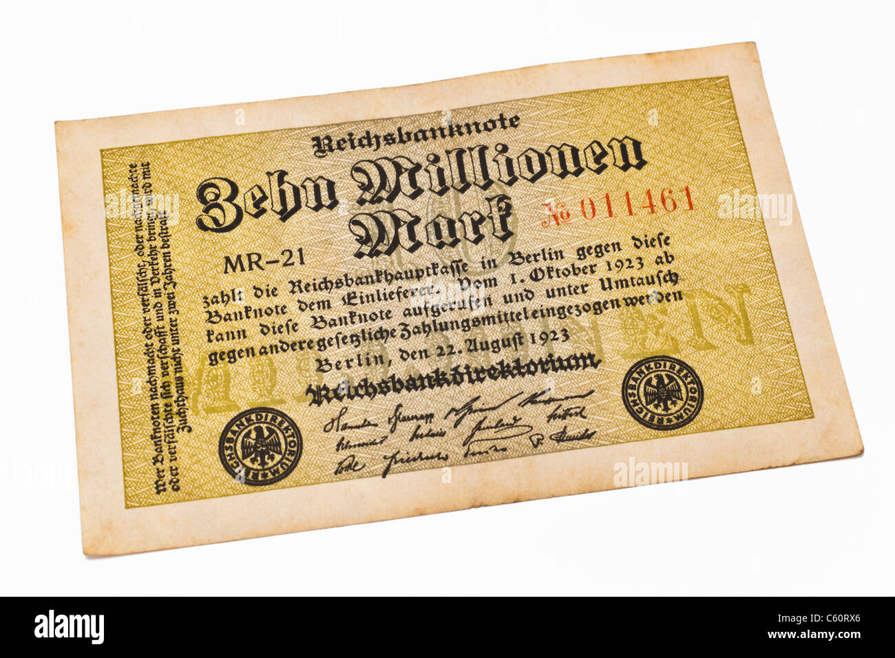 Ancienne loi allemande du 22 août 1923 sur la somme de dix millions de reichsmarks Banque D'Images