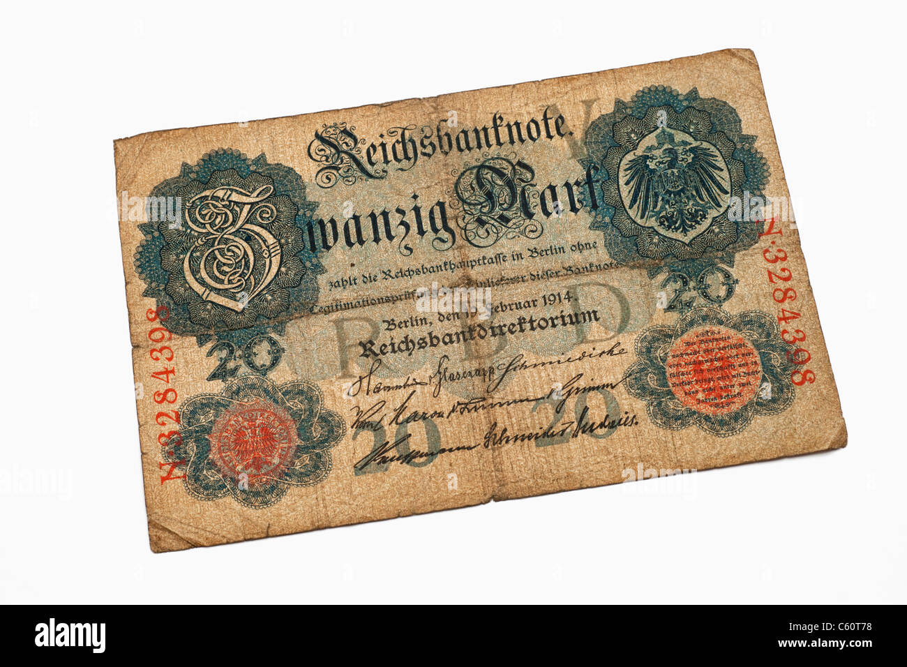 Photo détail d'une ancienne loi allemande du 19 février 1914 de la quantité d'un vingtaine de reichsmarks Banque D'Images