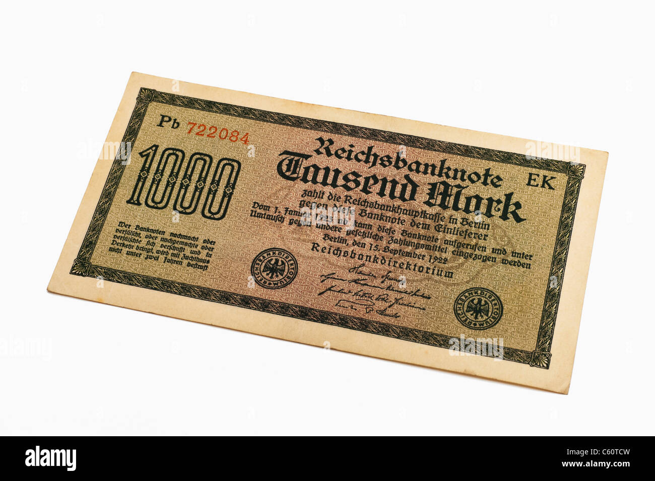 Photo détail d'une ancienne loi allemande de septembre 1922 15ème de la quantité d'un mille reichsmarks Banque D'Images