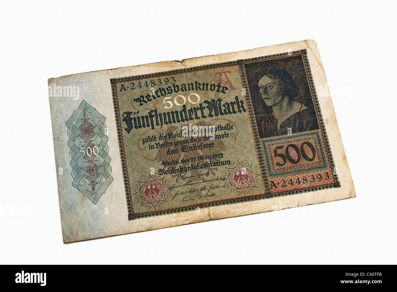 Photo détail d'une ancienne loi allemande du 27 mars 1922 concernant le montant de cinq cent reichsmarks Banque D'Images