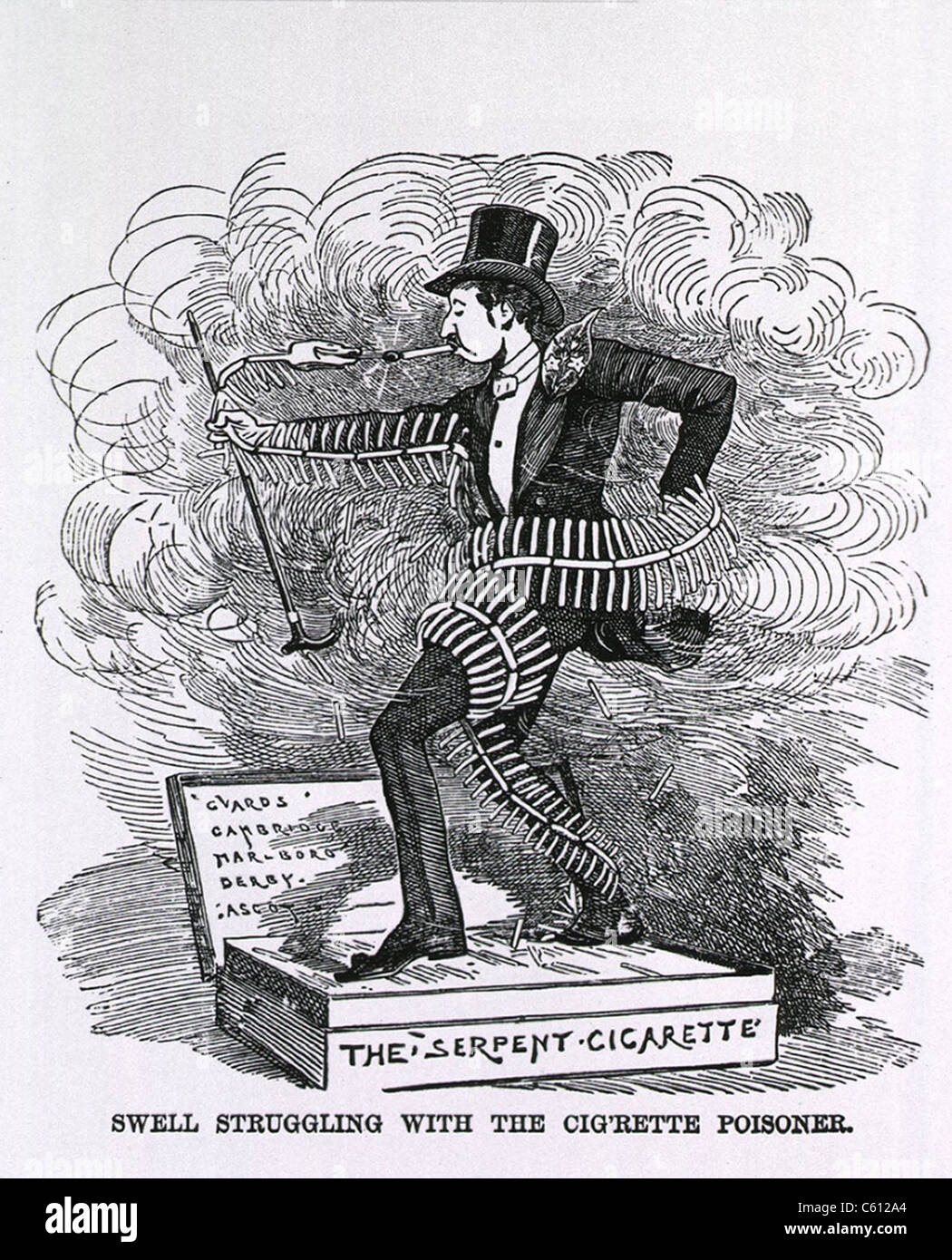 1882 anti-tabac américain cartoon, "même aux prises avec l'ACSG'rette empoisonneur.' Un serpent avec un squelette de cigarettes entwines et allume une cigarette les fumeurs. Les cigarettes bon marché ont été introduits en 1880 et a commencé à remplacer pipe et le cigare. Banque D'Images