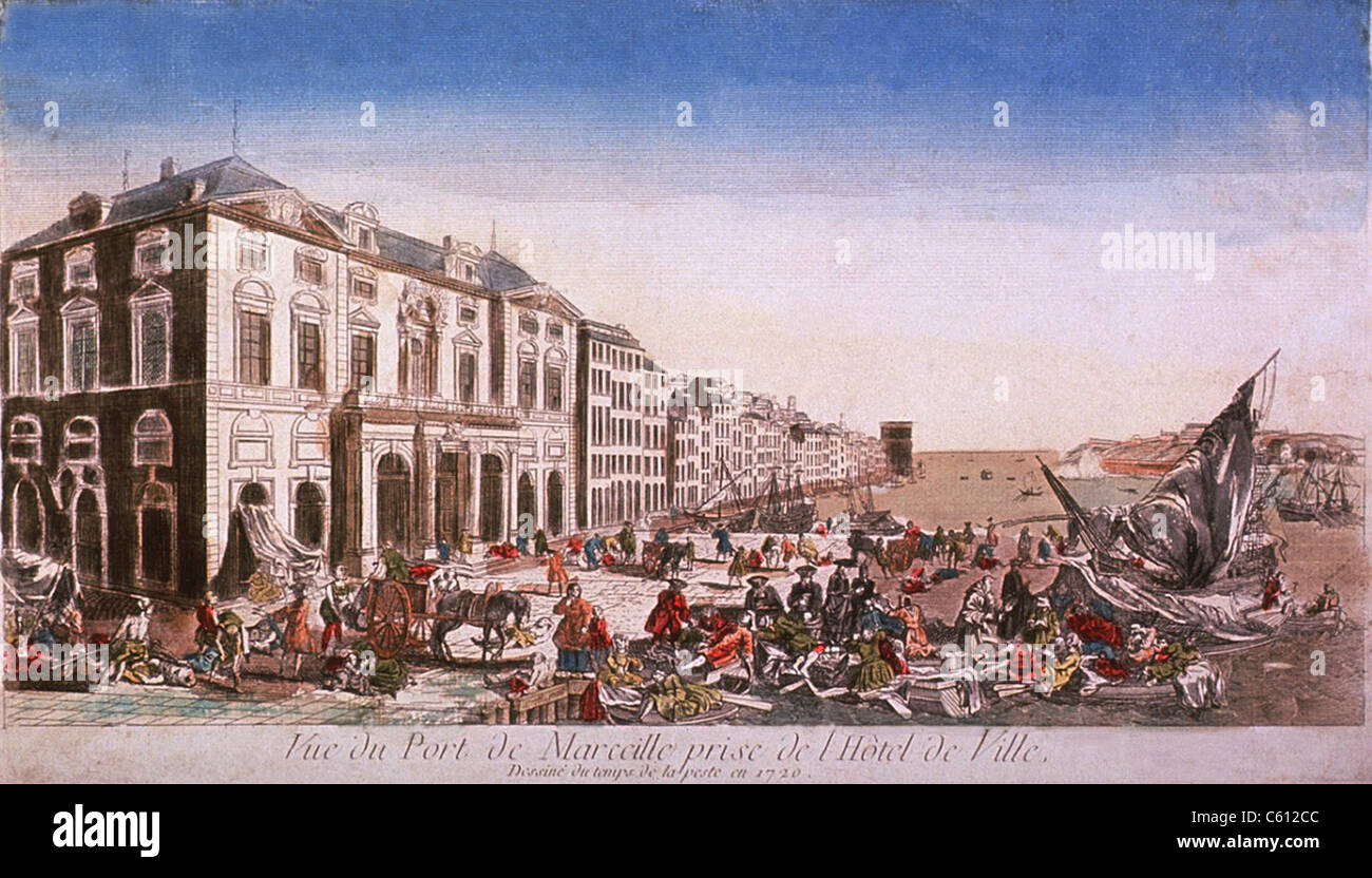 Port de Marseille au cours de l'épidémie de peste en 1720 qui a tué 100 000 dans la ville et ses environs. Le gouvernement français a mis en quarantaine La zone, contenant la propagation de la maladie à Toulon, Aix-en-Provence et Arles. Banque D'Images
