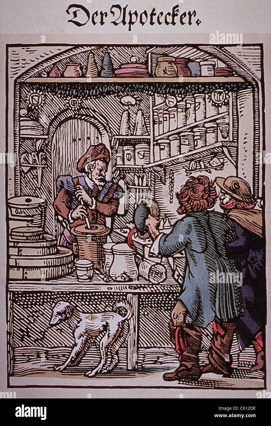 L'apothicaire. Deux hommes s'approchent d'un réputation comme le pharmacien fait de médicaments. 16e siècle gravure sur bois allemande par Jost Amman. Banque D'Images