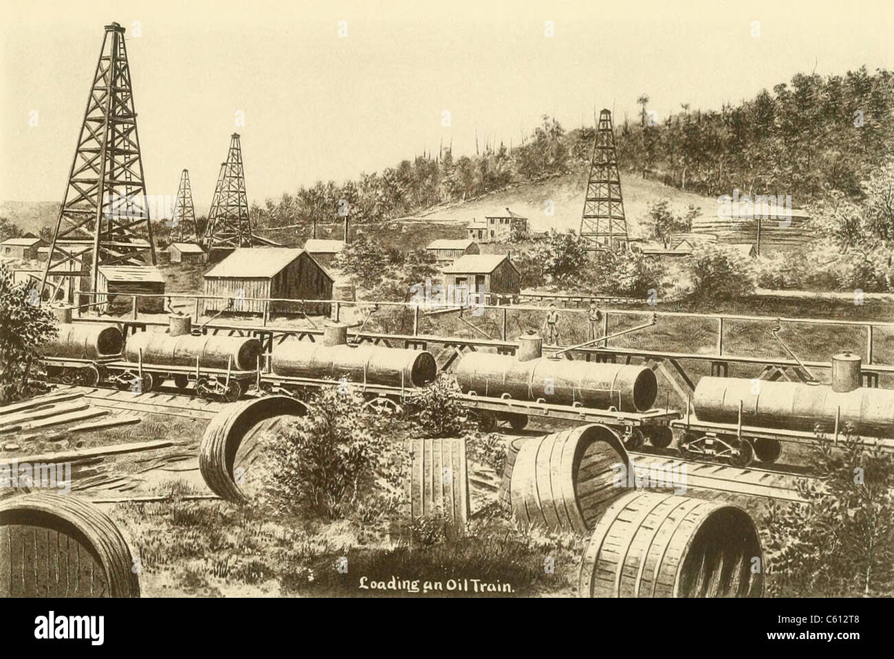 Le chargement d'un train d'huile dans la région pétrolière de Pennsylvanie. Ca. 1880. Banque D'Images