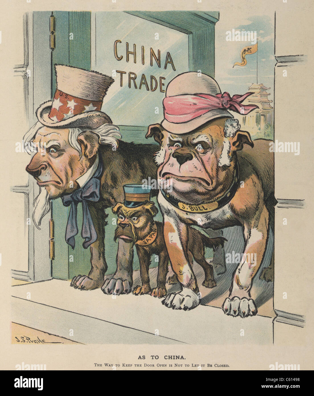 Quant à la Chine. Caricature montre l'Oncle Sam John Bull et le Japon que  chiens gardant une porte ouverte 'China Trade'. Les puissances européennes  les zones économiques établis qui bloquaient l'américain de