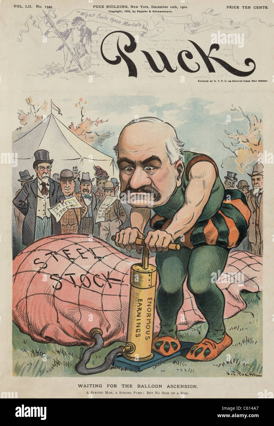 En attente de l'ASCENSION EN BALLON 1902 caricature montrant montre J. Pierpont Morgan comme un homme fort à un cirque d'essayer de gonfler un ballon étiqueté 'Steel' stock avec une pompe marqués 'gains énormes'. Dans l'arrière-plan sont anxieux actionnaires. Panier (BSLOC 2010 18 9) Banque D'Images