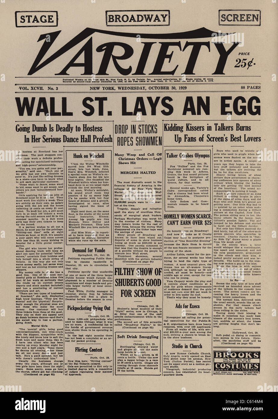 WALL STREET POND UN ŒUF. Manchette du célèbre journal divertissement divers le 30 octobre 1929 faisant référence à l'effondrement du marché boursier. (BSLOC   2010 18 32) Banque D'Images