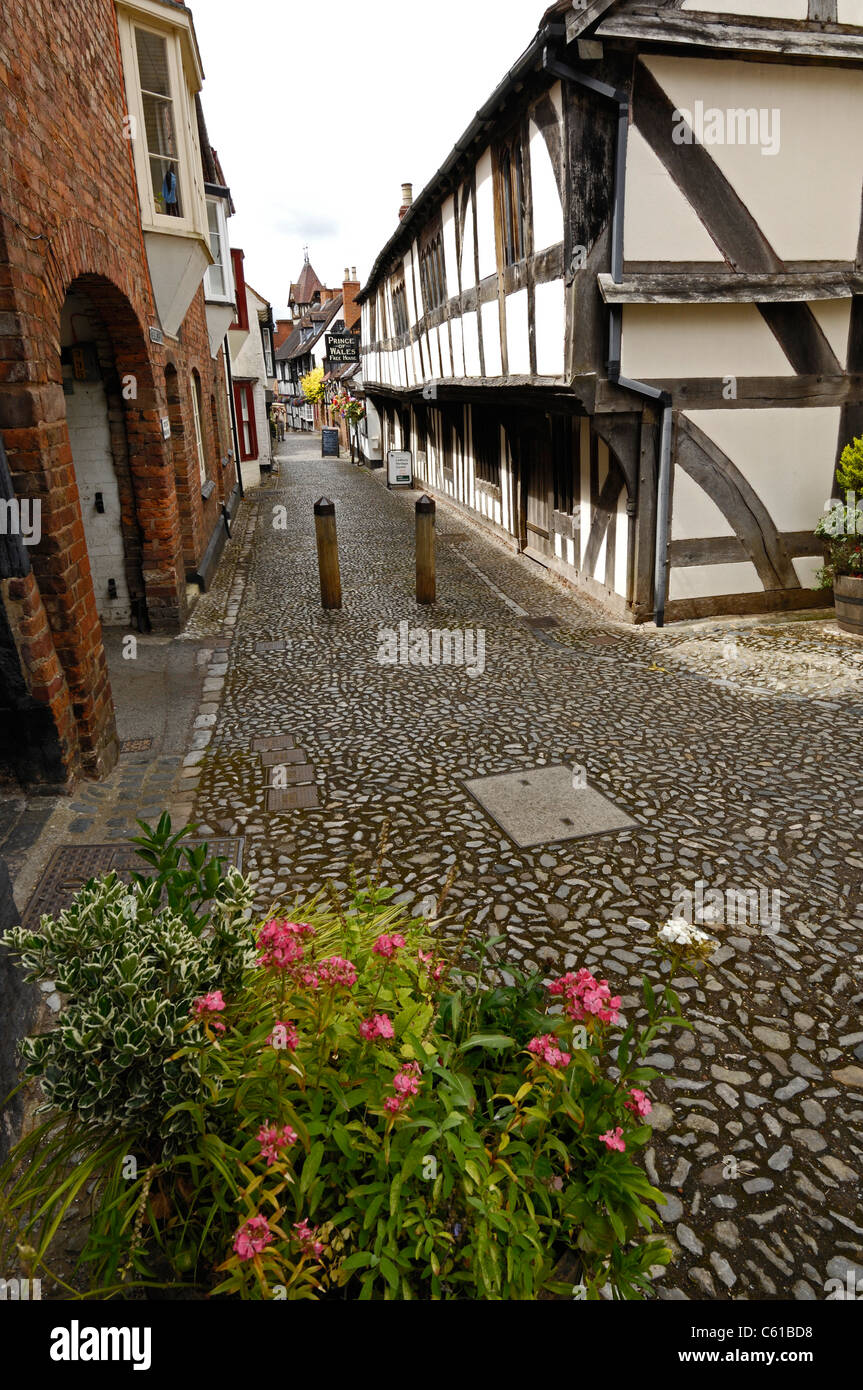 Rue Pavée, avec plus de bâtiments à colombages en Ledbury, Herefordshire, Angleterre. Banque D'Images