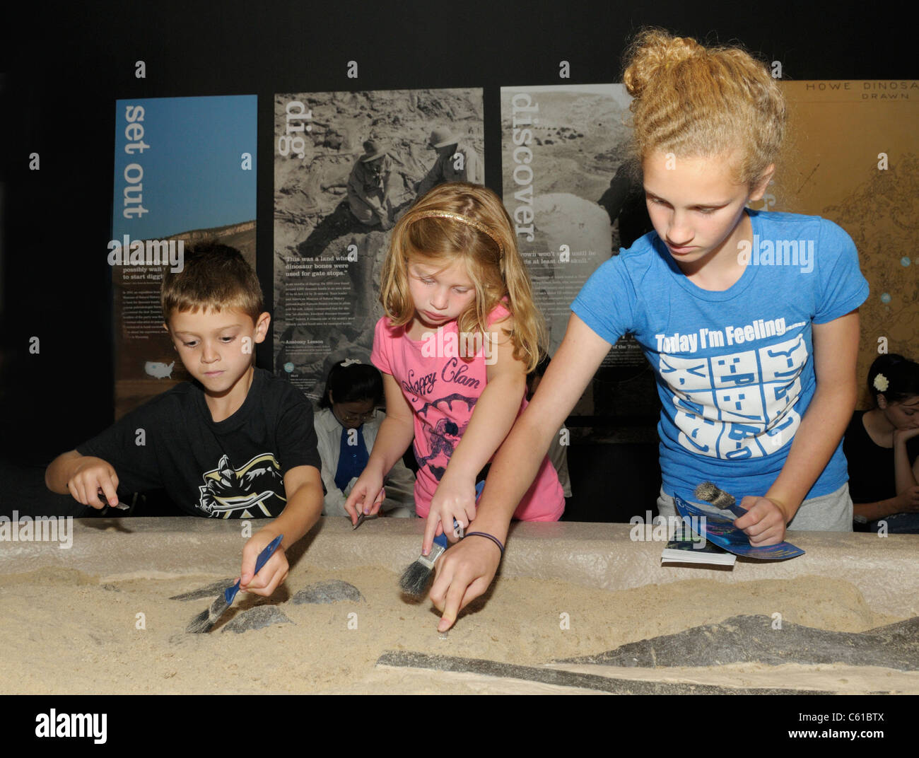 Les enfants pour la recherche des fossiles dans un musée d'histoire naturelle Banque D'Images