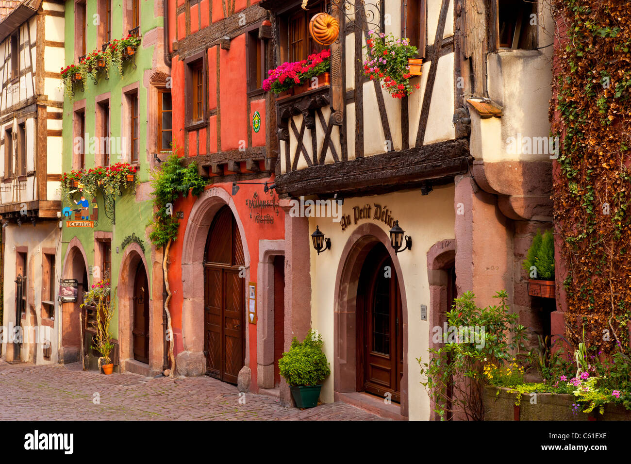 Half-Timbered les bâtiments sur la Rue du Général de Gaulle à Riquewihr - le long de la Route des Vins, Alsace Haut-Rhin France Banque D'Images Half-Timbered les bâtiments sur la Rue du Général de Gaulle à Riquewihr - le long de la Route des Vins, Alsace Haut-Rhin France Banque D'Images