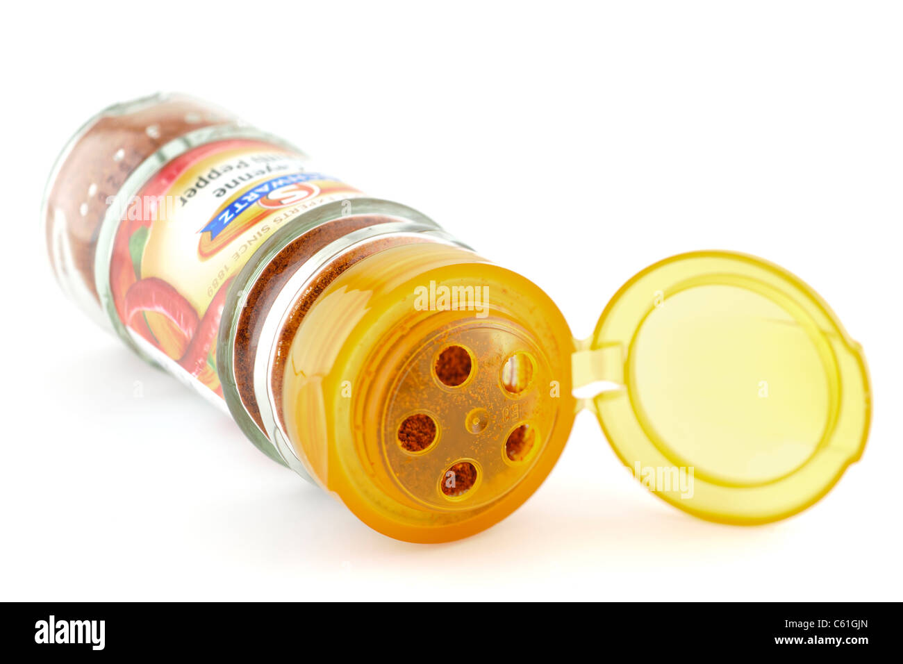 Flip Top ouvert sur un récipient en verre de piment de Cayenne Schwartz Banque D'Images