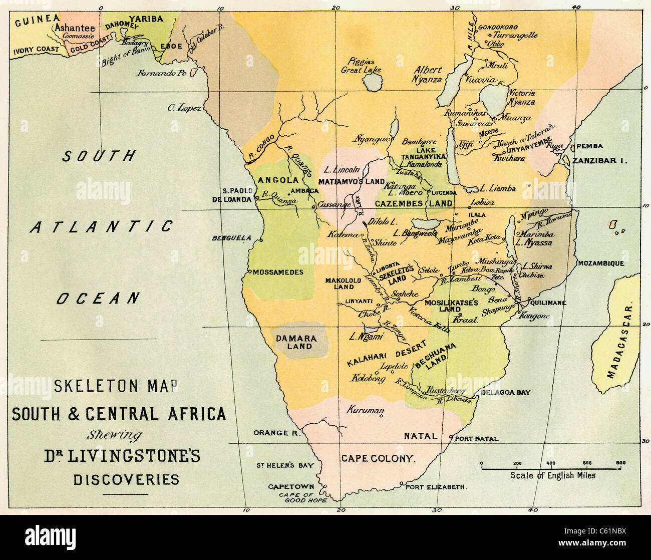 Carte de squelette et du Sud Afrique centrale montrant les découvertes de David Livingstone. Banque D'Images