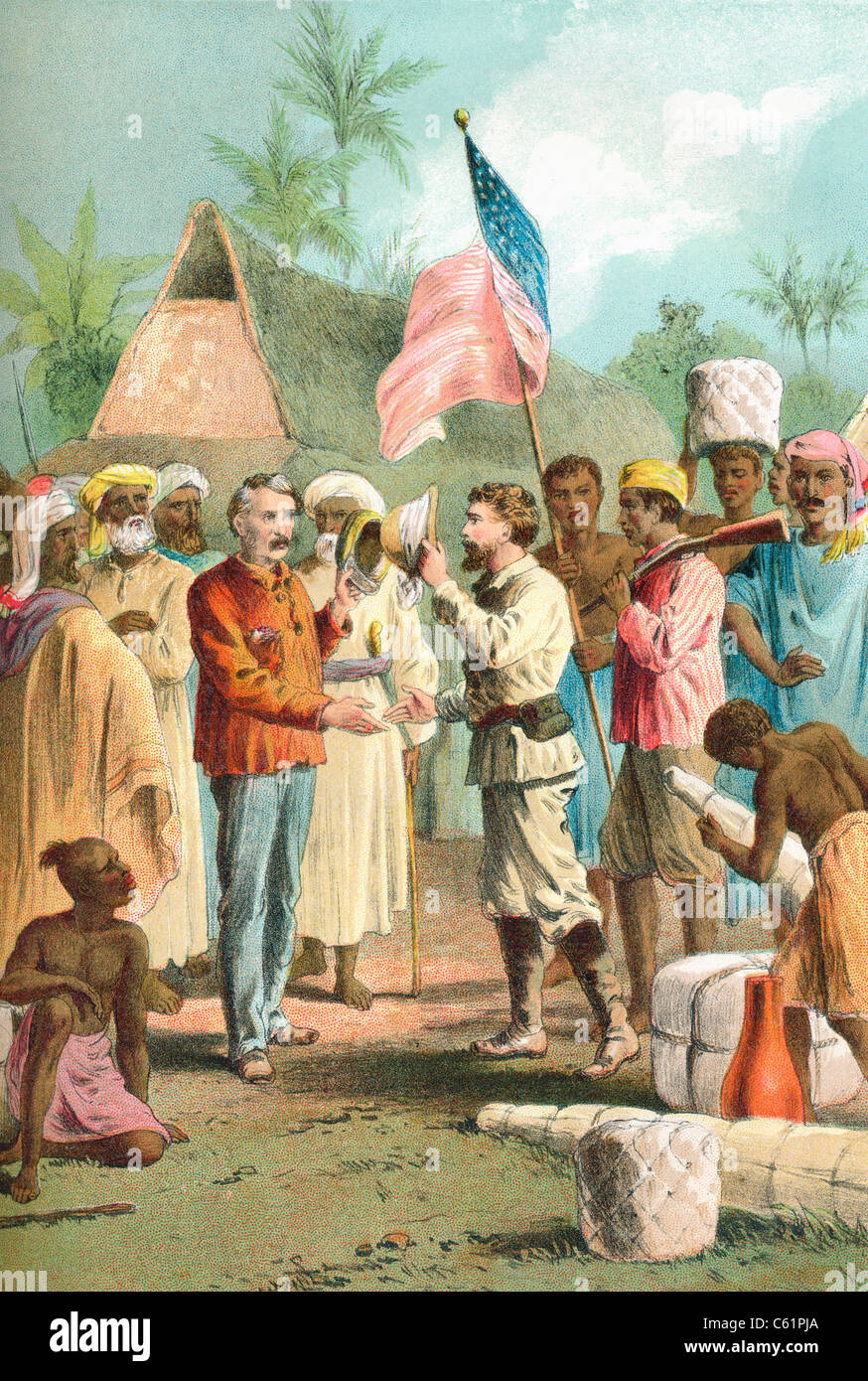 Stanley's rencontre avec Livingstone 10 novembre 1871, à Ujiji près du lac Tanganyika, en Tanzanie, Afrique de l'Est. Banque D'Images